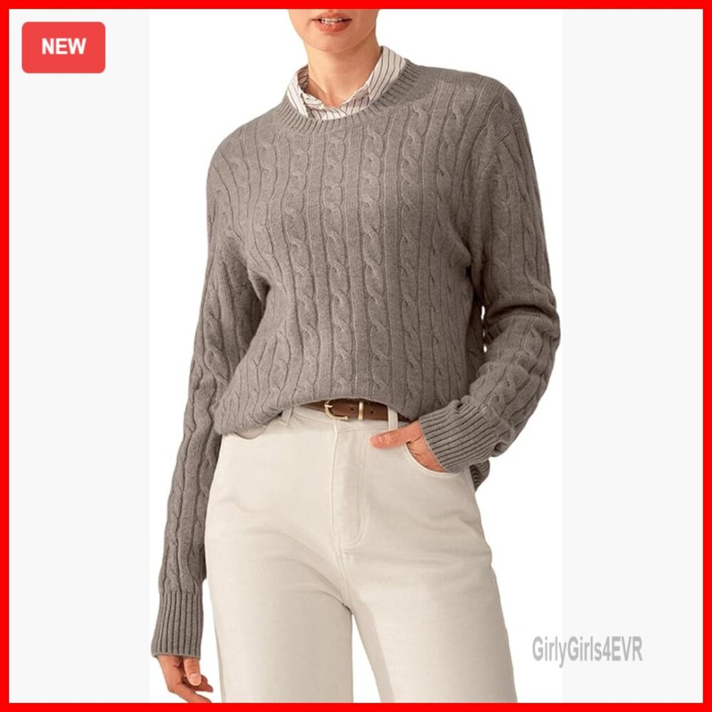 100% Pure Cashmere Crewneck Pullover Sweater Long Sleeve Cable Knit